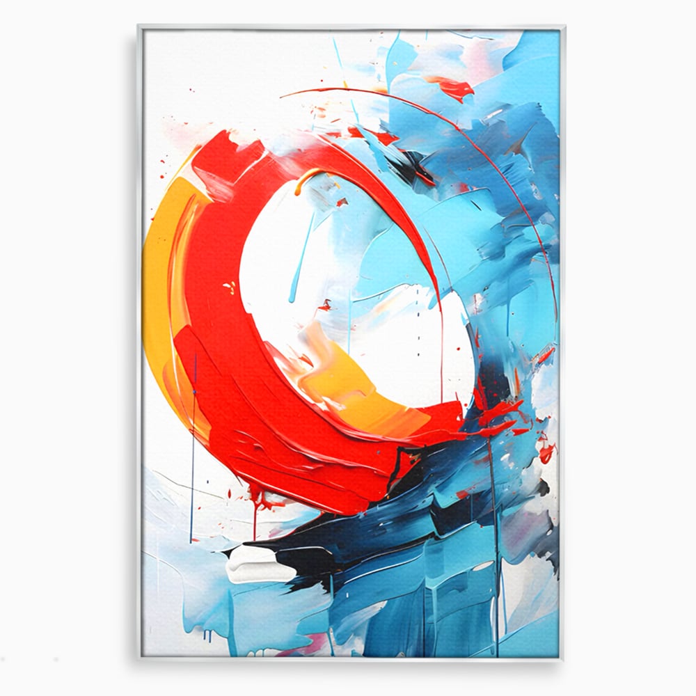 Tablou canvas cu pictura abstracta cu cerc rosu si tuse albastre, in rama de aluminiu argintiu